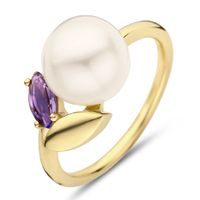 Ring geelgoud-amethist-zoetwaterparel paars-wit 10 mm