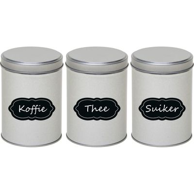 3x Zilveren ronde voorraadblikken met beschrijfbare labels 13 cm