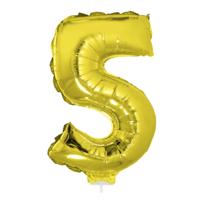 Gouden opblaas cijfer ballon - 5 jaar - op stokje - H41 cm - Leeftijd versiering