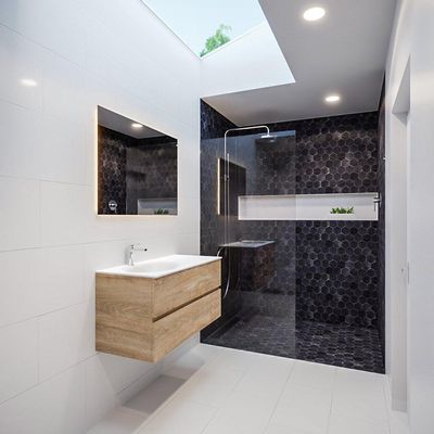 MONDIAZ VICA Badkamermeubelset - 100cm - 2 lades - wasbak Moon links - 1 kraangat - solid surface washed oak PC75341182