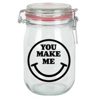 Cadeau voorraadpot/snoeppot - glas - you make me smile - 11 x 11 cm - 1 liter