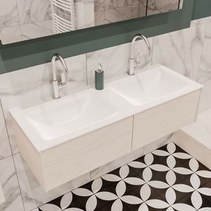 Mondiaz Lush Cloud badmeubel underlayment 120 cm 2 lades solid surface dubbele spoelbak 2 kraangaten