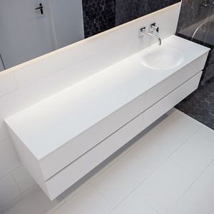 Mondiaz Vica Moon badmeubel wit mat 200 cm 4 lades solid surface enkele spoelbak rechts zonder kraangat