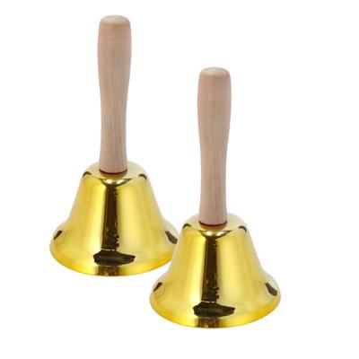Handbel - Set van 2x stuks - goud - 12 cm - metaal/hout - tafelbel - kerstbel - kerstman bel