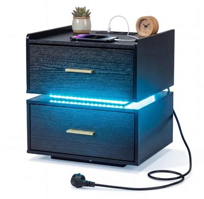 Nachtkastje met Oplaadstation LED-Bedtafel met 2 Opberglades Moderne Half Zwevende Bijzettafel met Robuuste Metalen Voet Zwart/Wit-Zwart