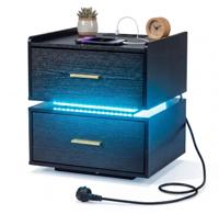 Nachtkastje met Oplaadstation LED-Bedtafel met 2 Opberglades Moderne Half Zwevende Bijzettafel met Robuuste Metalen Voet Zwart/Wit-Zwart
