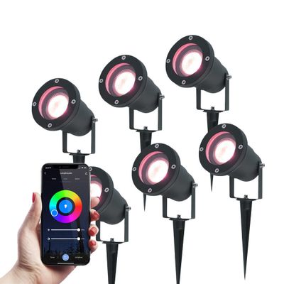 V-TAC Set van 6 Smart LED Prikspots - RGBWW lichtkleuren - Kantelbaar - IP44 Vochtbestendig - Aluminium - Tuinspot - Geschikt voor in de tuin - Zwart - 3 jaar garantie