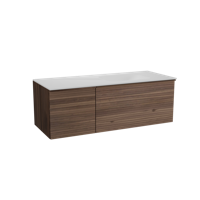 Balmani Forma zwevend badmeubel 135 x 55 cm amerikaans notenhout met Tablo Arcato asymmetrisch rechtse wastafel in solid surface mat wit, Horizontale symmetrische rechte ribbel