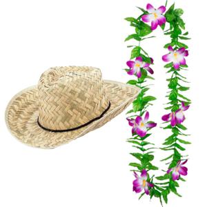 Carnaval verkleed set - Tropische Hawaii party - strohoed - met volle gekleurde bloemenslinger