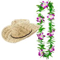 Carnaval verkleed set - Tropische Hawaii party - strohoed - met volle gekleurde bloemenslinger - thumbnail