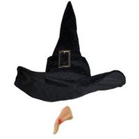 Heksen accessoires set fluwelen hoed met neus voor dames - thumbnail