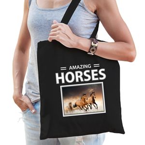 Bruine paarden tasje zwart volwassenen en kinderen - amazing horses kado boodschappen tas