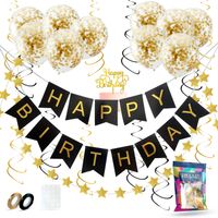 Fissaly® Verjaardag Slinger Zwart & Goud met Papieren Confetti Ballonnen – Decoratie – Happy Birthday - thumbnail