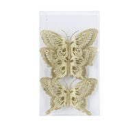 3x stuks decoratie vlinders op clip glitter goud 14 cm   -