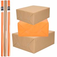 6x Rollen kraft inpakpapier/kaftpapier pakket bruin/oranje 200 x 70 cm - Cadeaupapier - thumbnail