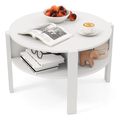 Ronde Salontafel met Opbergruimte Houten Woonkamertafel met 4 Planken Koffietafel Bijzettafel voor Woonkamer Kantoor (Wit)