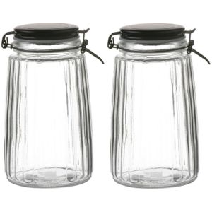 Voorraadpot/bewaarpot - 2x - 1,8L - glas - met beugelsluiting - mat zwarte deksel