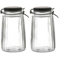 Voorraadpot/bewaarpot - 2x - 1,8L - glas - met beugelsluiting - mat zwarte deksel