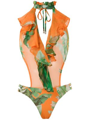 Amir Slama maillot de bain imprimé à volants - Orange