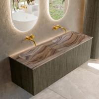 Badmeubel Mondiaz Kurve-Dlux | 130 cm | Meubelkleur Shadow | Wastafelkleur Sombra | Solid surface | Wasbak beide zijden spoelbak | Zonder kraangat(en)
