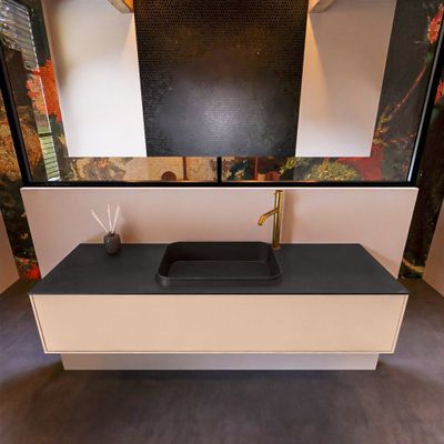 Badkamermeubelset Mondiaz Erin 150 cm met 1 Lade met RIDGE Wastafel Midden Urban met 1 kraangat Greeploos Mat Rosee