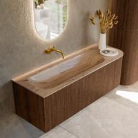 Badmeubel Mondiaz Kurve-Dlux | 135 cm | Meubelkleur Walnut | Wastafelkleur Arena | Solid surface | Wasbak linker zijde spoelbak | Zonder kraangat(en)