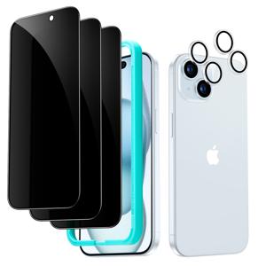 iPhone 15 Plus Tempered-Glass Privacy Screen Protector Set 3 Screen Protectors + 2 Sets of Lens Protectors