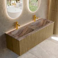 Badmeubel Mondiaz Kurve-Dlux | 130 cm | Meubelkleur Dusk | Wastafelkleur Oza | Solid surface | Wasbak beide zijden spoelbak | 2 kraangaten