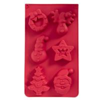 Bakvorm kerst thema - 6 figuren - siliconen - rood - 30 x 18 cm - kerstkoekjes/kerst cakejes