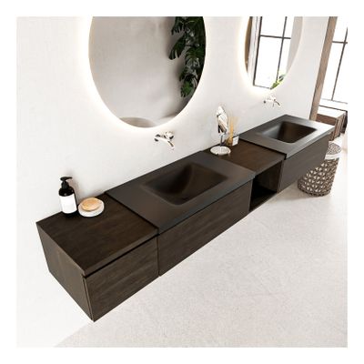 Mondiaz Bukla 240cm badmeubel met open module 40 rechts dark brown 3 lades met wastafel dubbel zonder kraangat kleur urban