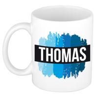 Thomas naam cadeau koffie mok - beker - met blauw verfstrepen - Cadeau collega - vaderdag