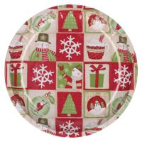 HI bord met sneeuwpop - rood/groen - metaal - 26 cm - kerstontbijt - kerstdiner - kerstartikelen