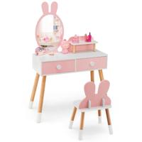 Kinderkaptafel + Stoel met Konijnendesign 2-In-1 Kaptafel met Spiegel 2 Laden en Opbergrek Make-Uptafel + Stoel (Roze) Kinderkaptafel + Stoel met Konijnendesign 2-In-1 Kaptafel met Spiegel 2 Laden en Opbergrek Make-Uptafel + Stoel (Roze)
