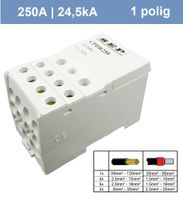 Verdeelblok 1polig 250A CPDB250 (1x in, 11x uit) 1x35-120mm2, 4x2,5-10mm2, 5x2,5-16mm2, 2x6-35mm2