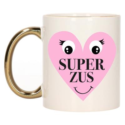 Cadeau koffie/thee mok voor Zus - goud - Super Zus hartje - keramiek - 300 ml