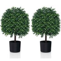 Set van 2 Kunstmatige Vormbomen van Buxus Nep Bolplanten met UV-Bestendige Bladeren 343 Witte Vruchten Kunstplanten in Pot