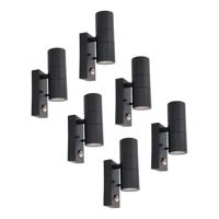 Set van 6 Blenda Wandlamp Zwart - 4000K neutraal wit - 8 Watt 690 Lumen - Bewegingssensor en Schemerschakelaar - IP44 Waterdicht - Up & Downlight voor buiten
