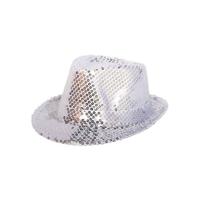 Folat Trilby Hoedje zilver - glitter - volwassenen - gleufhoedje - feesthoedje - pailletten