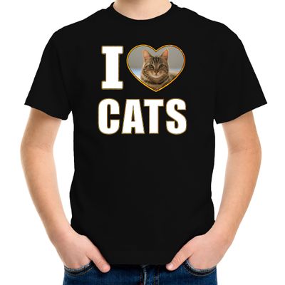I love cats t-shirt met dieren foto van een bruine kat zwart voor kinderen
