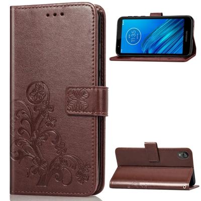 Voor moto E6 vier-blad clasp reliëf gesp mobiele telefoon bescherming lederen draagtas met Lanyard & Card slot & portemonnee & beugel functie (bruin)