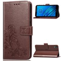 Voor moto E6 vier-blad clasp reliëf gesp mobiele telefoon bescherming lederen draagtas met Lanyard & Card slot & portemonnee & beugel functie (bruin)