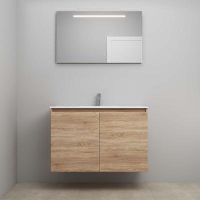 On-Line Badkamermeubelset - 100 cm - Voorgemonteerd - Greeploos 2 Deuren - Porseleinen Wastafel - 1 Kraangat - Spiegel met LED-Verlichting - Eiken
