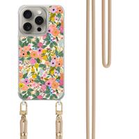 iPhone 15 Pro hoesje met beige koord - Pink garden iPhone 15 Pro hoesje met beige koord - Pink garden