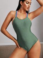 Solid Color Open Back Cross-strap One-piece Swimsuit