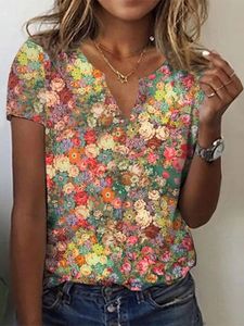 Casual Floral Loose Notched T-Shirt