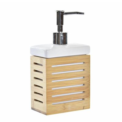 Zeeppompje/dispenser bamboe hout/wit 300 ml - 10 x 19 cm Zeeppompje/dispenser bamboe hout/wit 300 ml - 10 x 19 cm