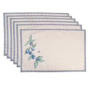 Clayre & Eef Placemats Set van 6 48x33 cm Beige Blauw Katoen Rechthoek Bosbessen Tafelmat Beige Tafelmat