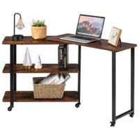 L-Vormige Zij Tafel Computer Bureau Grote Studie Schrijf Tafel met Rollende Wielen Beweegbare Tafelblad Stevige Metalen Frame Bruin