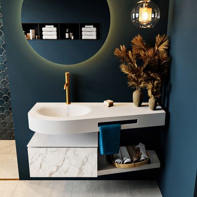 MONDIAZ RIVA 120cm badmeubel onderkast / planchet kleur carrara met 1 lade. Wastafel DULCET links 1 kraangat kleur Talc. MONDIAZ RIVA 120cm badmeubel onderkast / planchet kleur carrara met 1 lade. Wastafel DULCET links 1 kraangat kleur Talc.