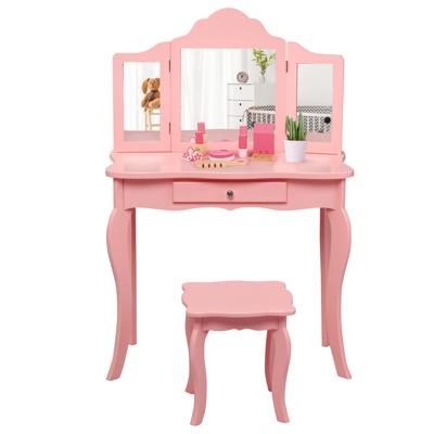 Kinderen Make-Up Kaptafel Set met Kruk Lade en Drievoudige Spiegel 2 In 1 Afneembare Kaptafel met Aankleed Tafel en Schrijftafel Roze